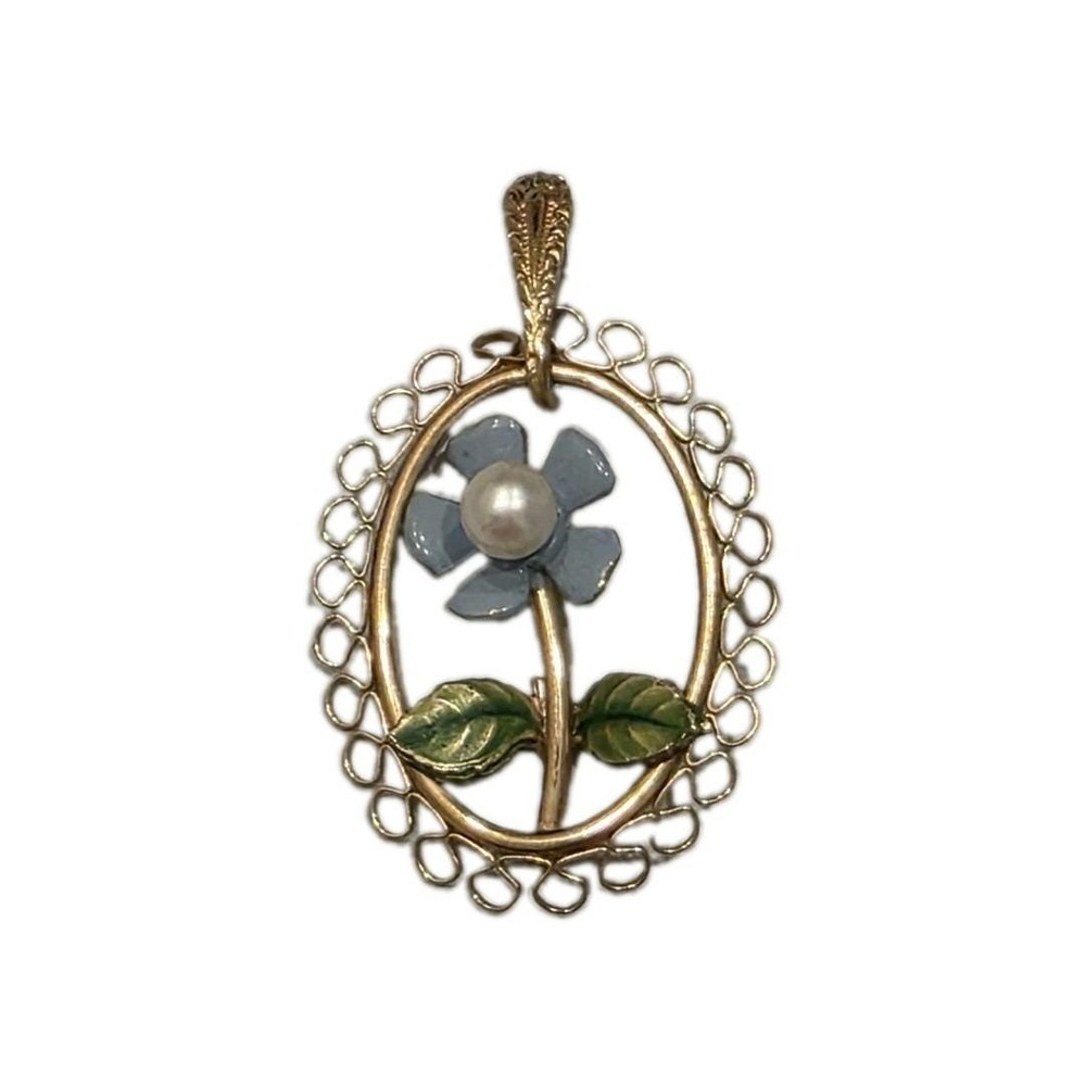 Vintage 50s Krementz 14k Gold Overlay Enamel Forget Me Not Pearl Oval Pendant